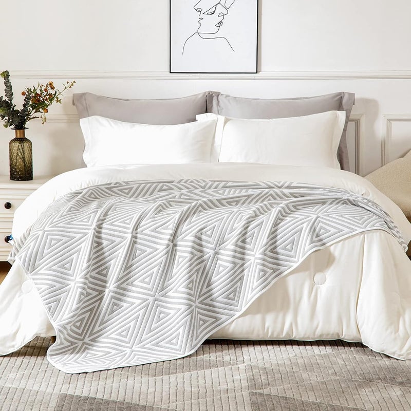 EMME Cotton Queen Blanket for Bed - 6 Layer Soft Queen Quilt Thicken 400GSM Triangle Jacquard Blanket 90"x 90", Cotton Comforter for Dorm Bed Couch Chair and All Seasons(Light Grey,Queen) - Image 2