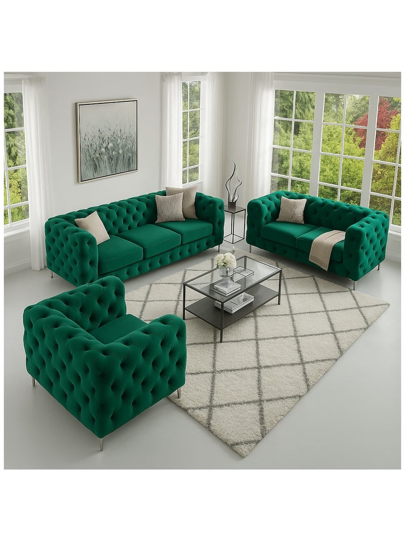 Maharat Al Bahar Maharat Furniture Luxury Chesterfield Sofa Set – 3-Piece Green Tufted Velvet Living Room Set with Armchair, Loveseat & Sofa – Elegant Modern Design with Metal Legs - Image 1