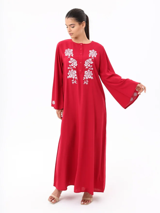 Elena By DStyle Red Embroidered Flare Sleeve Modest Dress