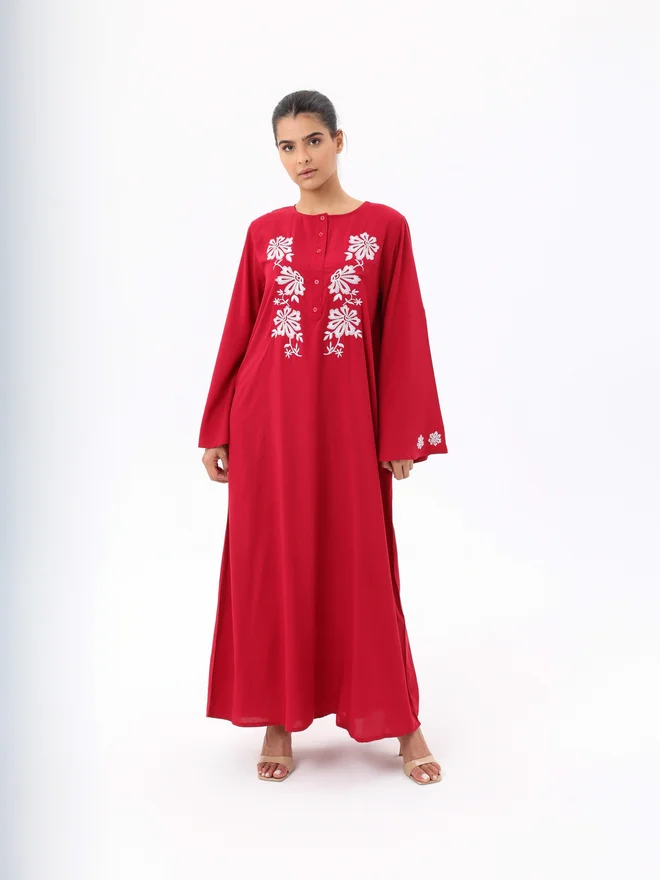 Elena By DStyle Red Embroidered Flare Sleeve Modest Dress