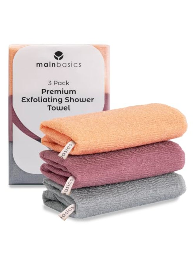 MainBasics Exfoliating Shower Towel Japanese Nylon Bath Towel and Body Washcloth QuickDry Durable Deep Exfoliation Set of 3 Coral Reef - Image 1