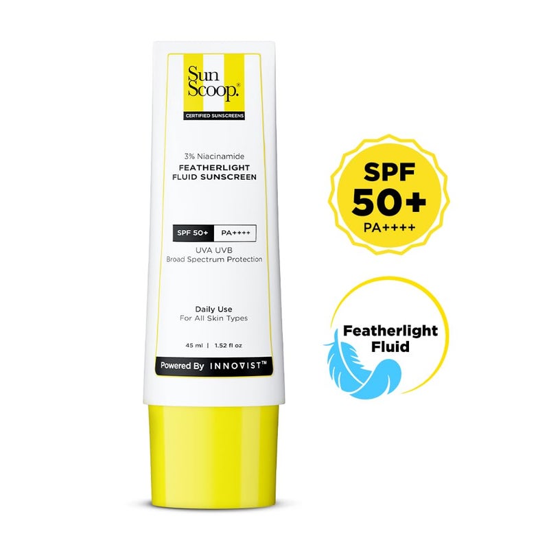 SunScoop 3 Niacinamide Fluid Sunscreen  UltraLight Texture  SPF 50 PA Fast Absorption Prevents Tanning  Sunburn  8 Hrs SPF Protection for Oily Skin  No White Cast  Reduces pigmentation  All SkinTypes  45ml - Image 2