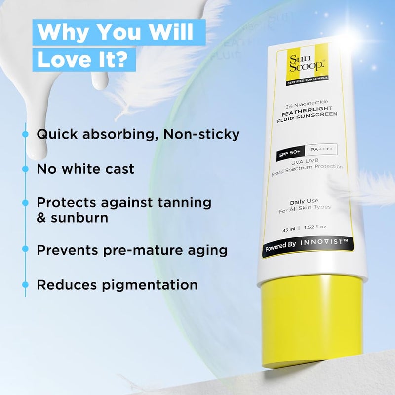 SunScoop 3 Niacinamide Fluid Sunscreen  UltraLight Texture  SPF 50 PA Fast Absorption Prevents Tanning  Sunburn  8 Hrs SPF Protection for Oily Skin  No White Cast  Reduces pigmentation  All SkinTypes  45ml - Image 4
