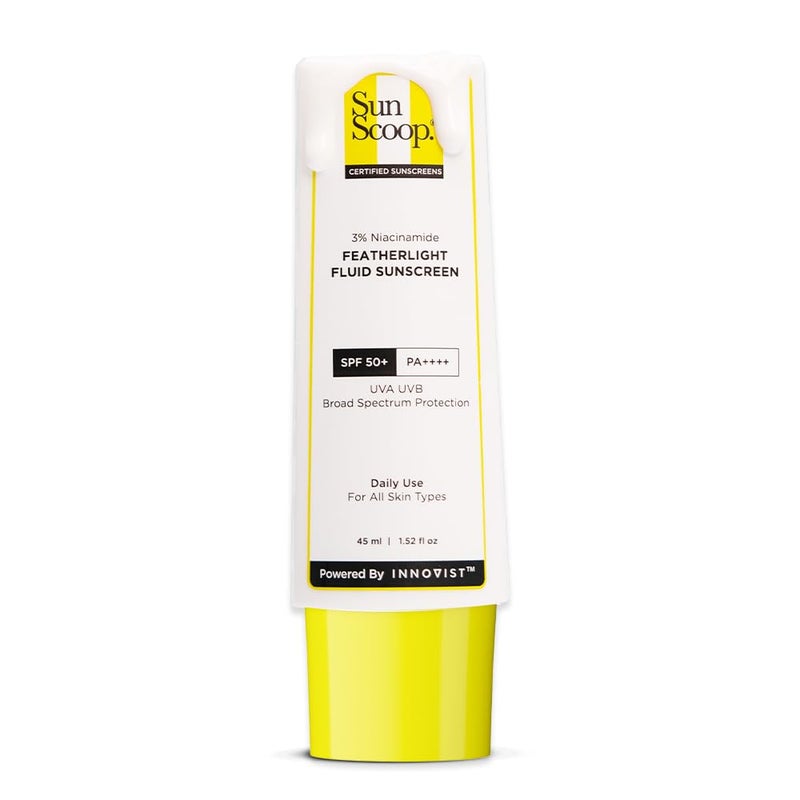 SunScoop 3 Niacinamide Fluid Sunscreen  UltraLight Texture  SPF 50 PA Fast Absorption Prevents Tanning  Sunburn  8 Hrs SPF Protection for Oily Skin  No White Cast  Reduces pigmentation  All SkinTypes  45ml - Image 1