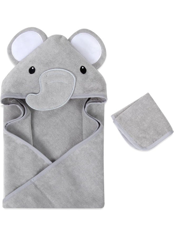 Baby Essentials Animal Hooded Towel and Washcloth Set for Newborns and Infants, Boys and Girls 0 -9 Months (Elegant Grey Elephant) - Image 1