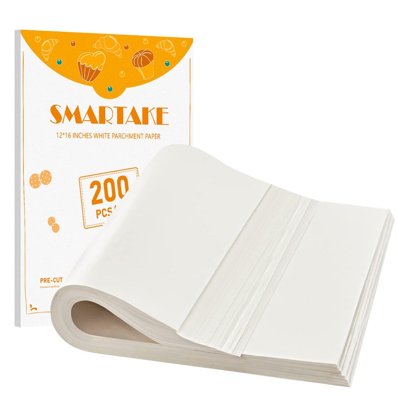 SMARTAKE 200 Pcs Parchment Paper Baking Sheets 12x16 Inch NonStick Precut Baking Parchment Suitable for Baking Grilling Air Fryer Steaming Bread Cup Cake Cookie and More White