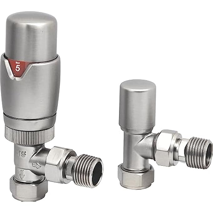 THERMOSTATIC RADIATOR VALVES AND ANGLED LOCKSHIELD VALVE - CLASSY AND MODERN DESIGN 1/2" X 15MM ANGLED RADIATOR VALVES (BRUSHED NICKEL)