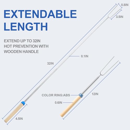 TIPTAP Marshmallow Roasting Sticks Set 10PCS with Random Colors Extendable and Reusable Marshmallow Stick 32IN Wood Handle Premium Stainless Steel Smores Skewers for Fire Pit Bonfire Party - Image 3