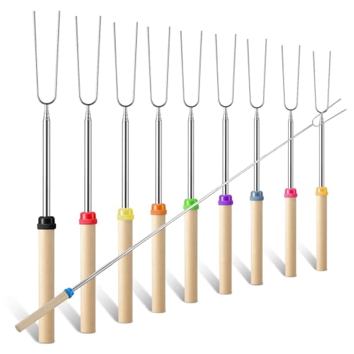 TIPTAP Marshmallow Roasting Sticks Set 10PCS with Random Colors Extendable and Reusable Marshmallow Stick 32IN Wood Handle Premium Stainless Steel Smores Skewers for Fire Pit Bonfire Party - Image 1