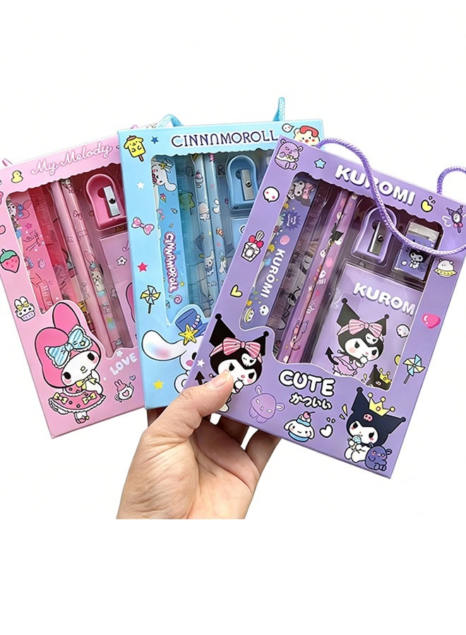 سانريو مجموعة أدوات مدرسية مكونة من 3 قطع لشخصيات كوروومي وسينامورول وماي ميلودي، صندوق هدايا للقرطاسية المدرسية، مناسبة لطلاب المرحلة الابتدائية، تشمل أقلام رصاص، ممحاة، مبراة، إلخ، هدية عيد ميلاد لموسم العودة إلى المدرسة - Image 2