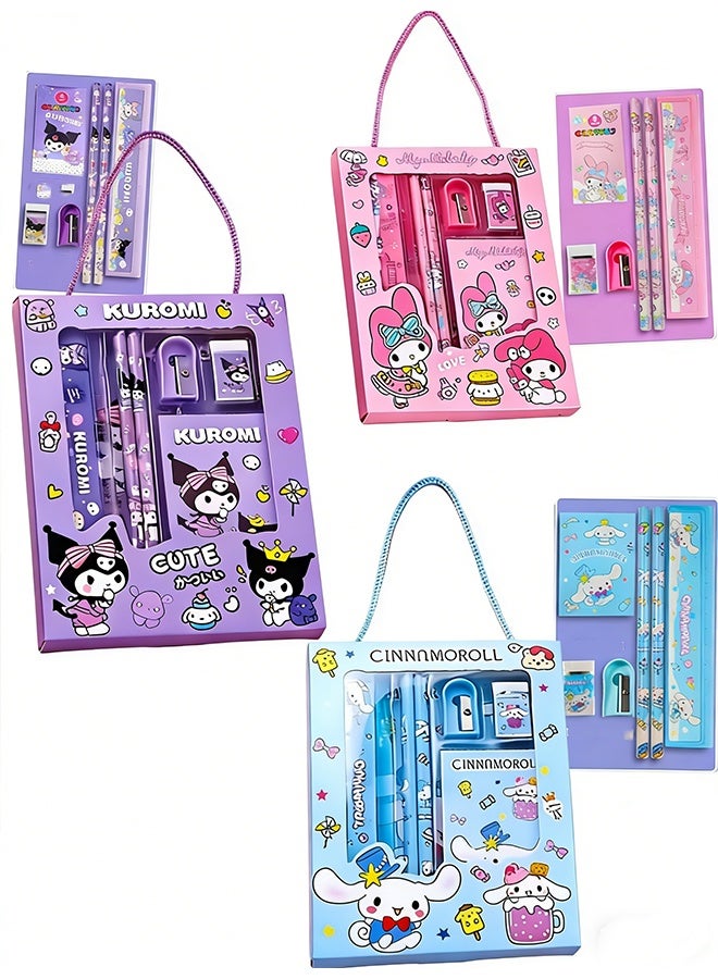 سانريو مجموعة أدوات مدرسية مكونة من 3 قطع لشخصيات كوروومي وسينامورول وماي ميلودي، صندوق هدايا للقرطاسية المدرسية، مناسبة لطلاب المرحلة الابتدائية، تشمل أقلام رصاص، ممحاة، مبراة، إلخ، هدية عيد ميلاد لموسم العودة إلى المدرسة - Image 1