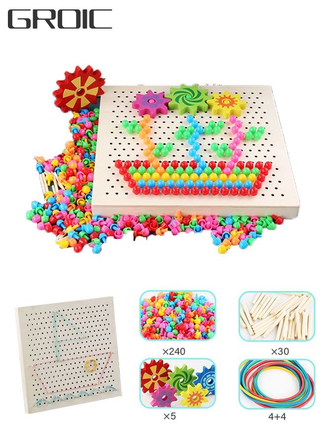 GROIC 283 Pieces Wooden Peg Board Toys Mushroom Nails, 2 in 1 Color Matching Mosaic Pegboard , Button Art Toys for Toddlers , Early Learning Educational Toys for Boys & Girls - Image 1