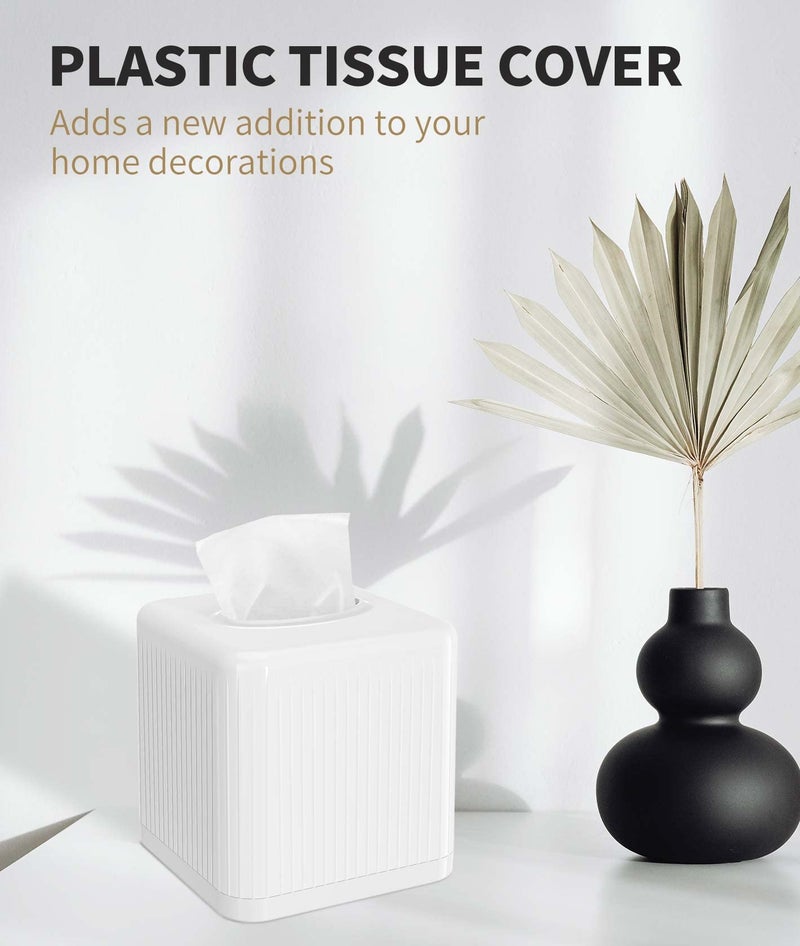 Livelab Tissue Box Cover with Base, Square Plastic Tissue Box Holder Decorative Tissue Cover Modern Cube Facial Tissue Dispenser for Bathroom Vanity Countertop, Living Room, Bedroom, Office - White - Image 2