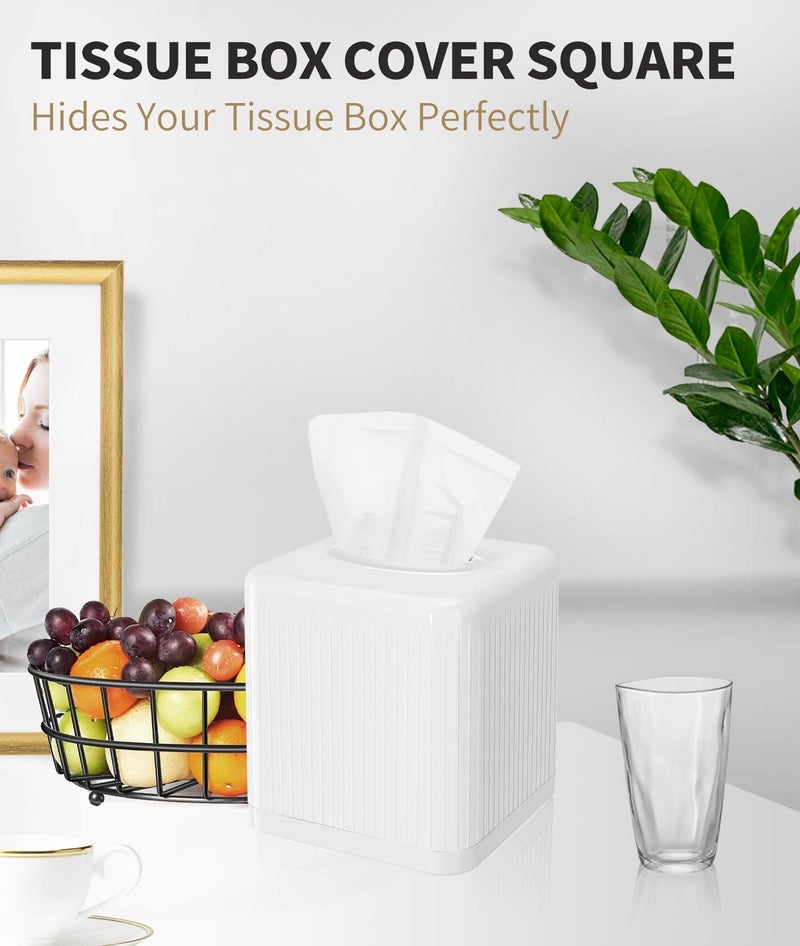 Livelab Tissue Box Cover with Base, Square Plastic Tissue Box Holder Decorative Tissue Cover Modern Cube Facial Tissue Dispenser for Bathroom Vanity Countertop, Living Room, Bedroom, Office - White - Image 3