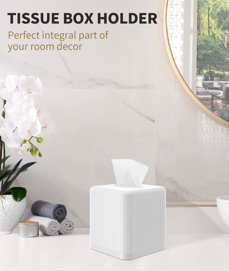 Livelab Tissue Box Cover with Base, Square Plastic Tissue Box Holder Decorative Tissue Cover Modern Cube Facial Tissue Dispenser for Bathroom Vanity Countertop, Living Room, Bedroom, Office - White - Image 5