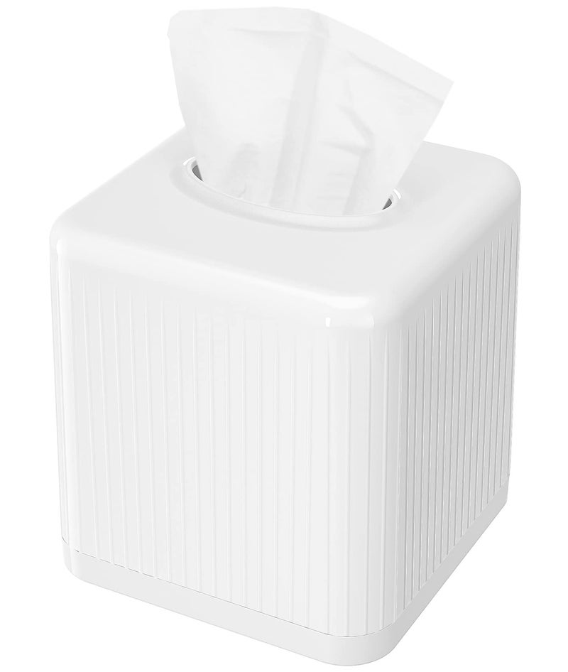 Livelab Tissue Box Cover with Base, Square Plastic Tissue Box Holder Decorative Tissue Cover Modern Cube Facial Tissue Dispenser for Bathroom Vanity Countertop, Living Room, Bedroom, Office - White - Image 1