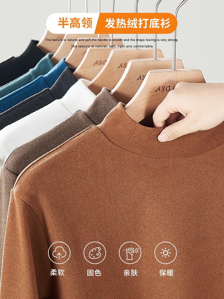 Half-high Collar Base Shirt Men's Autumn and Winter New Inner Lining Single-wear Warm Fleece Solid Color Mid-collar Long-sleeved T-shirt - Image 2