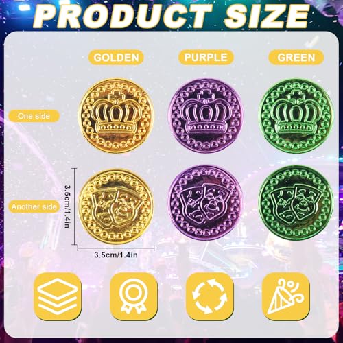 Qumenan 168 PCS Mardi Gras Plastic Coins Assorted Purple Green Gold Coins Mardi Gras Fake Coins for Mardi Gras Table Decorations Party Accessory Supplies - Image 5
