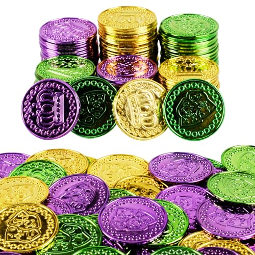 Qumenan 168 PCS Mardi Gras Plastic Coins Assorted Purple Green Gold Coins Mardi Gras Fake Coins for Mardi Gras Table Decorations Party Accessory Supplies - Image 1