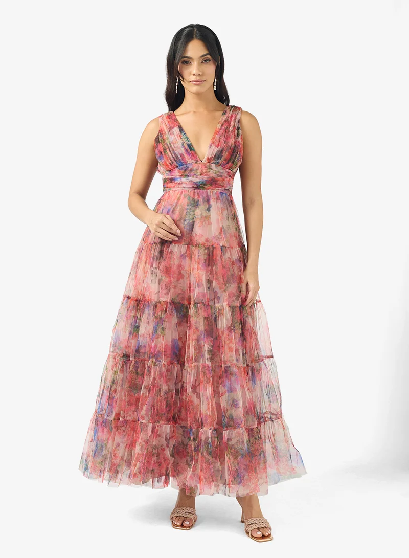 Lace and Beads Candace Plung Neck Frill Detail Maxi Dress