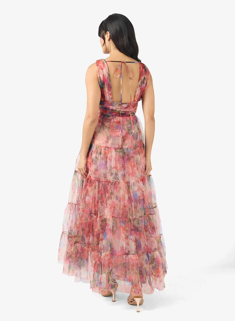 Lace and Beads Candace Plung Neck Frill Detail Maxi Dress
