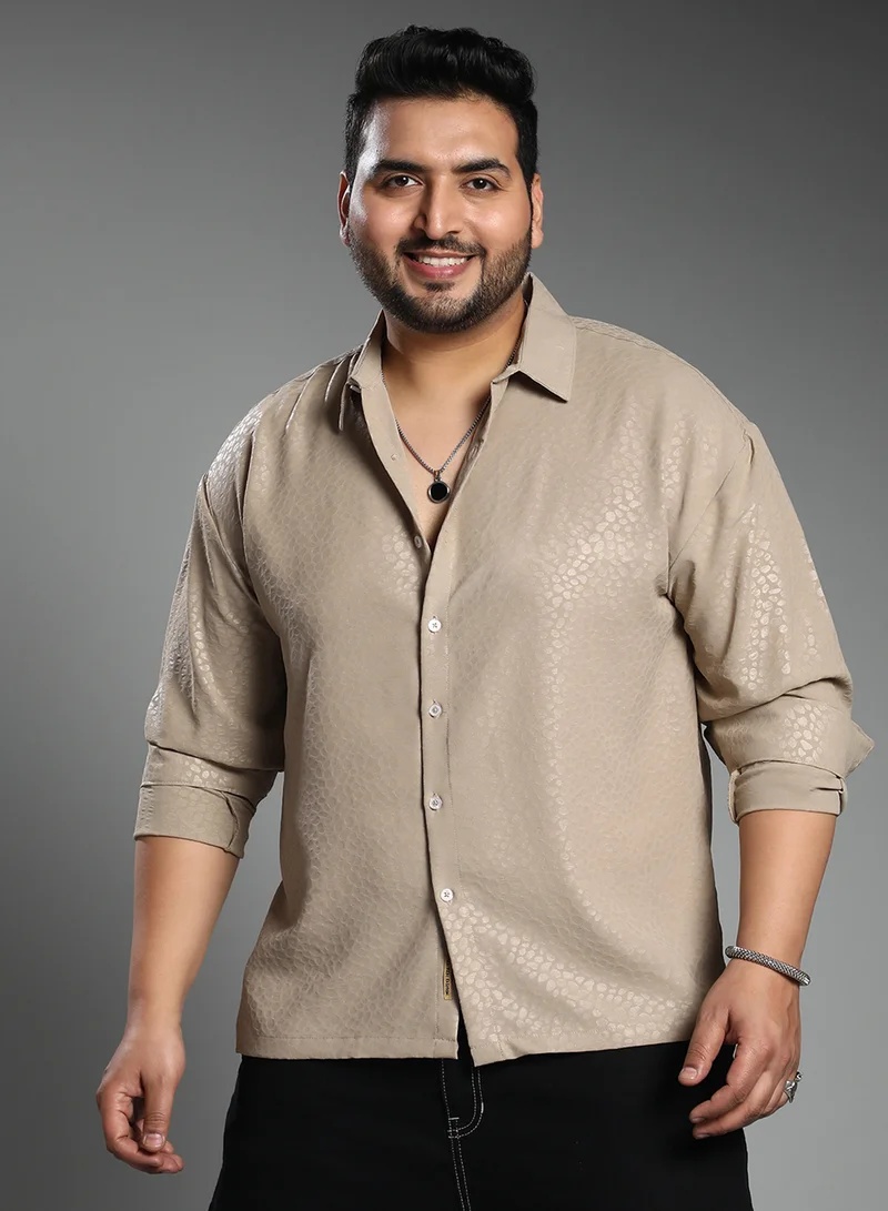 انستافاب بلس قميص رجالي مقاس كبير رمادي فاتح للملابس الكاجوال بياقة عريضة وأكمام طويلة عادية وإغلاق بأزرار