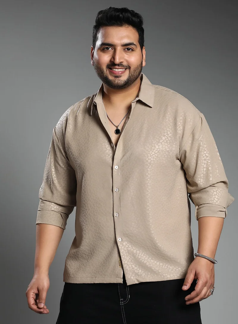 انستافاب بلس قميص رجالي مقاس كبير رمادي فاتح للملابس الكاجوال بياقة عريضة وأكمام طويلة عادية وإغلاق بأزرار