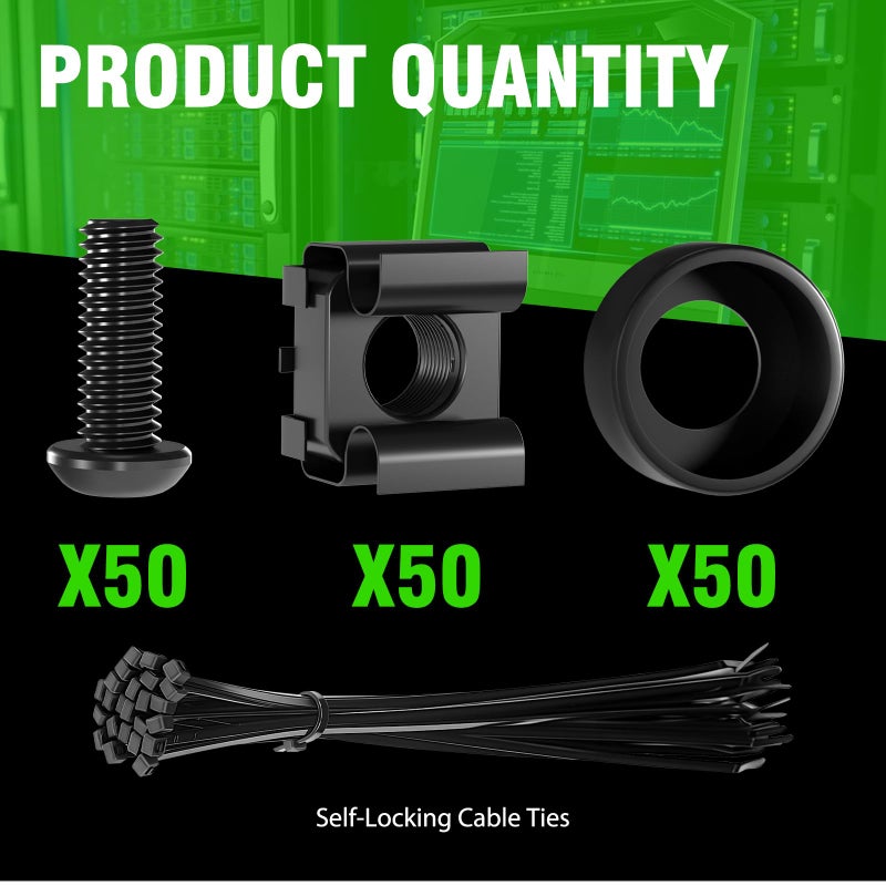 XOOL 50 PACK M6 x 16mm Rack Mount Cage Nuts, Screws and Washers for Rack Mount Server Cabinet, Rack Mount Server Shelves, Routers, Rack Mount Screws and Square Insert Nuts, Self-Locking Cable Ties for Free - Image 2