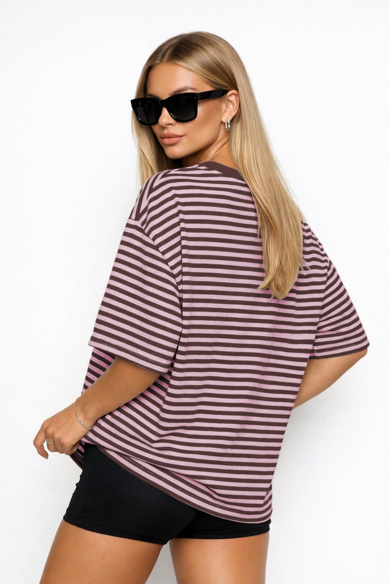 CHYRII Womens Oversized Striped T Shirts Crewneck Short Sleeve Fashion 2026 Casual Summer Cute Y2K Tops (Pink+Coffee S) - Image 4