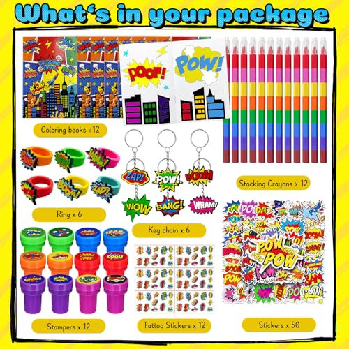 Cinrobiye 72 Pcs Hero Party Favors Hero Coloring Books Stickers Tattoos Stampers Keychains Rings Rainbow Pencils Comic Birthday Party Supplies Goodie Bag Fillers Prize Bulk Set - Image 5