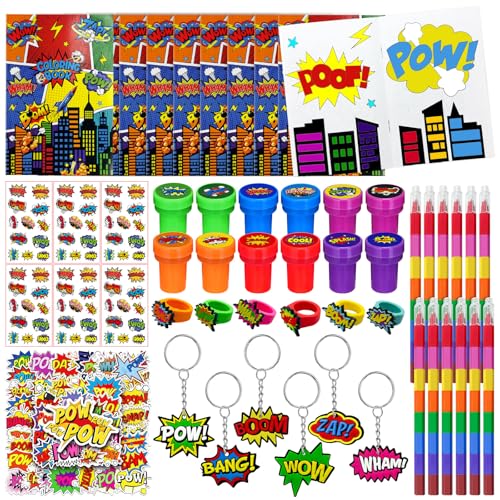 Cinrobiye 72 Pcs Hero Party Favors Hero Coloring Books Stickers Tattoos Stampers Keychains Rings Rainbow Pencils Comic Birthday Party Supplies Goodie Bag Fillers Prize Bulk Set - Image 1