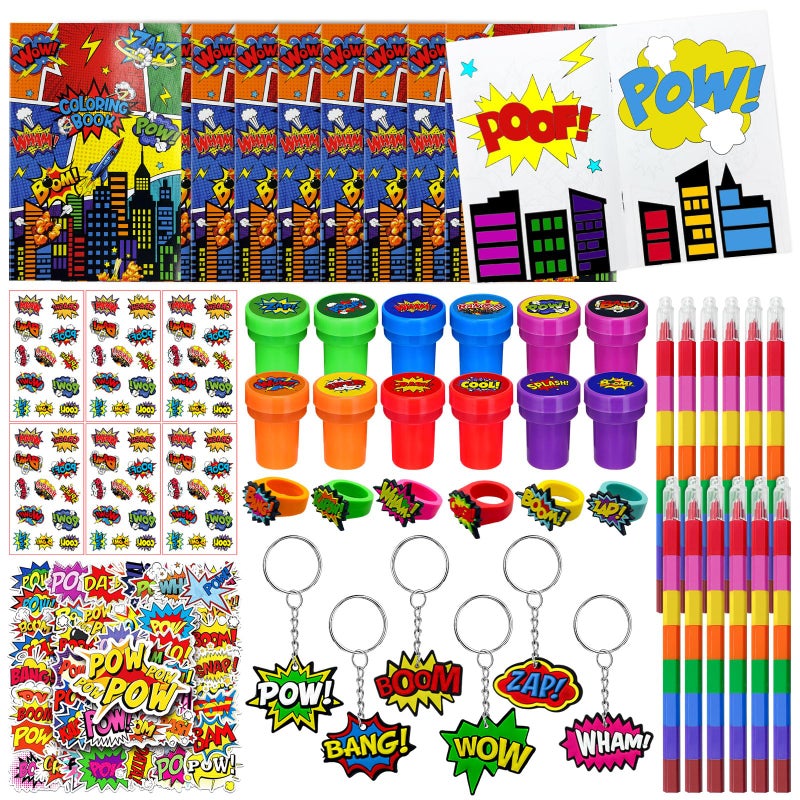 Cinrobiye 72 Pcs Hero Party Favors Hero Coloring Books Stickers Tattoos Stampers Keychains Rings Rainbow Pencils Comic Birthday Party Supplies Goodie Bag Fillers Prize Bulk Set - Image 3