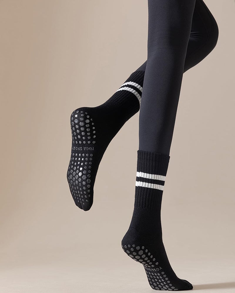 PUJANE 5 Pairs Grip Pilates Socks for Women, Non Slip Yoga Athletic Long Crew Socks for Barre Ballet Gym Workout - Image 4