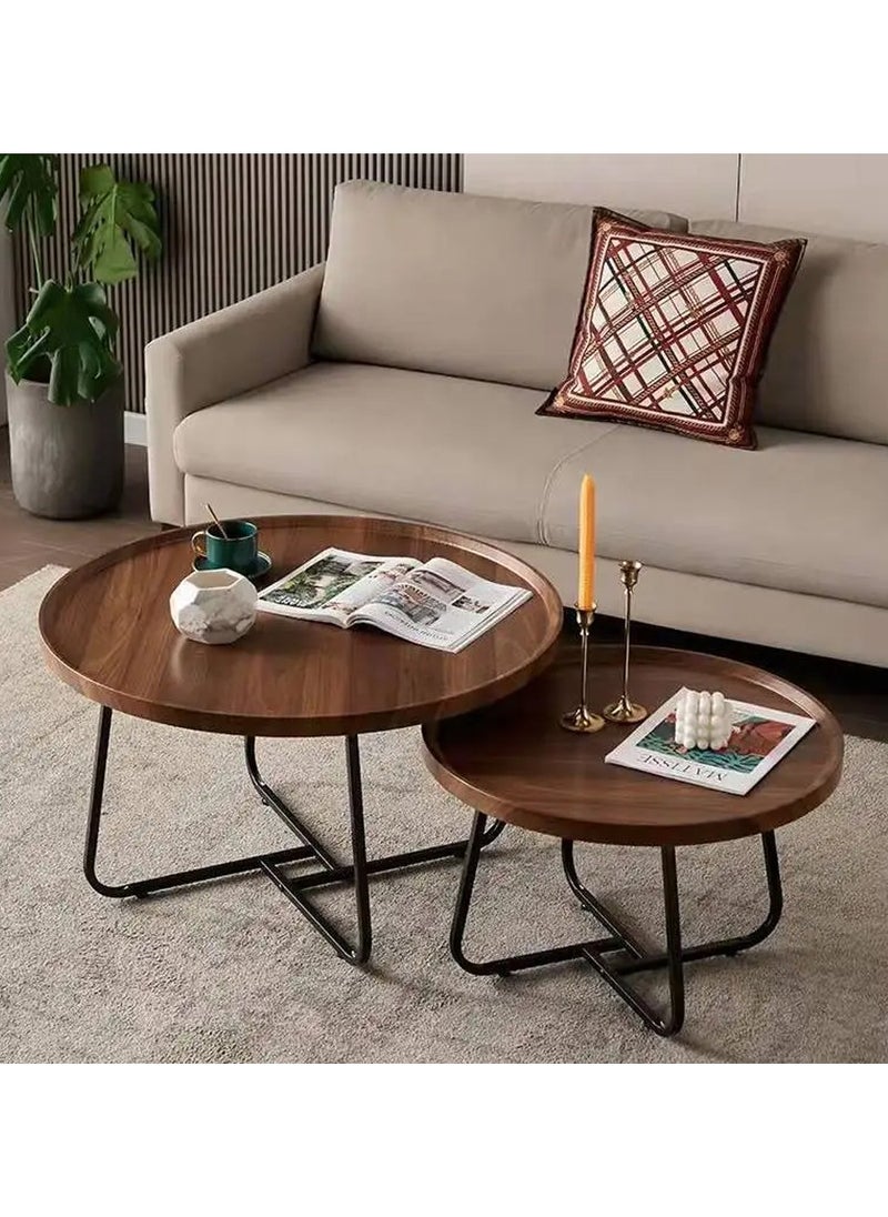 DubaiGallery - Coffee Table Set of 2 Stackable MDF Top Side Table Round Set Table Combination Small Set Table Set Industrial Style Side Table Round for Living Room, Balcony - Image 1