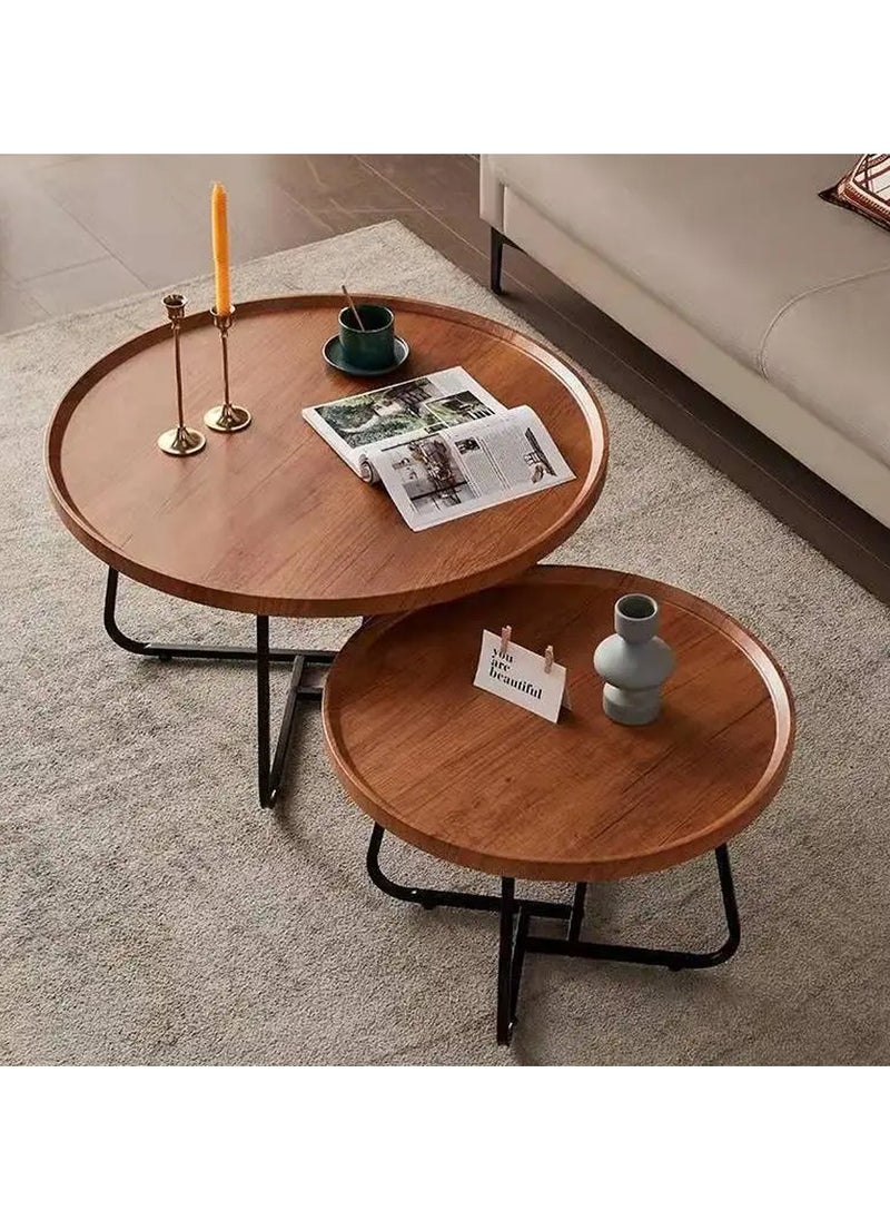 DubaiGallery - Coffee Table Set of 2 Stackable MDF Top Side Table Round Set Table Combination Small Set Table Set Industrial Style Side Table Round for Living Room, Balcony - Image 1