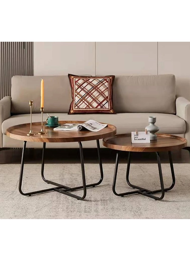 DubaiGallery - Coffee Table Set of 2 Stackable MDF Top Side Table Round Set Table Combination Small Set Table Set Industrial Style Side Table Round for Living Room, Balcony - Image 1