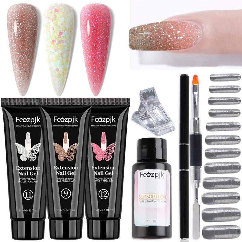 Fcozpjk Poly Gel Nail Kit - Wine Red, Brown & Iridescent Builder Gel With Chunky Glitter - Slip Solution, Dual Nail Forms & Clips - Home Manicure Starter Kit - Image 1