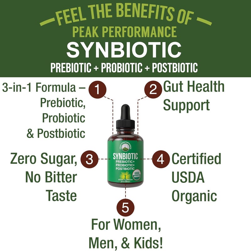 Peak Performance Organic Synbiotic  Prebiotics  Probiotics  Postbiotics 3in1 Supplement for Women Men  Kids Pre Pro  Post Biotics Liquid Drops for Gut  Microbiome Balance Made in USA Vegan Zero Sugar - Image 2