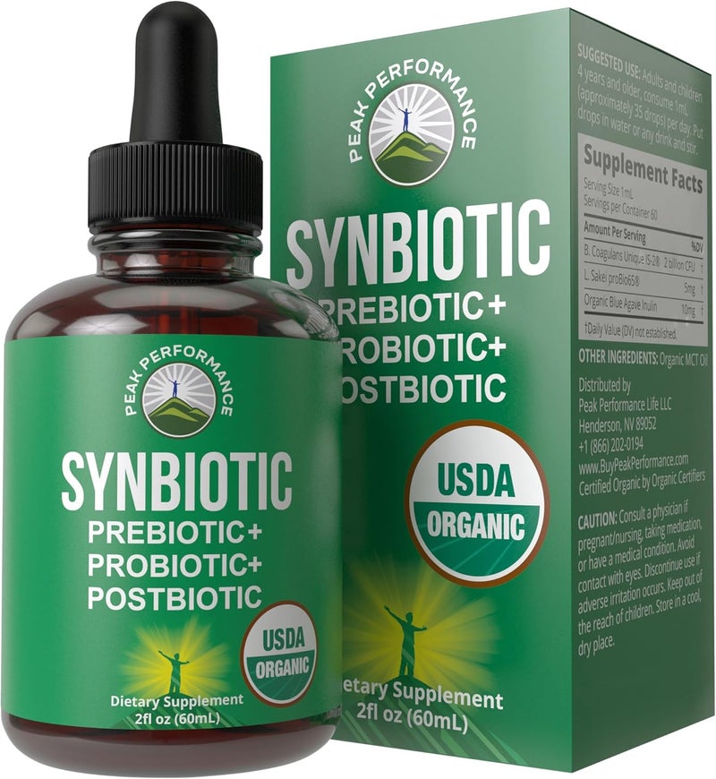 Peak Performance Organic Synbiotic  Prebiotics  Probiotics  Postbiotics 3in1 Supplement for Women Men  Kids Pre Pro  Post Biotics Liquid Drops for Gut  Microbiome Balance Made in USA Vegan Zero Sugar - Image 1