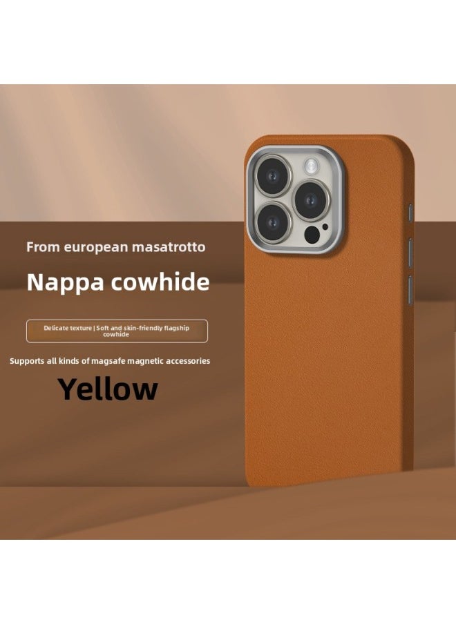 Generic - All-inclusive Fine Leather Case MagSafe Magnetic Application IPhone14pro Max Apple 15 Phone Case 13 Solid Color-Color:XYM Fine Leather Yellow-Applicable Model:14plus (without Packaging) - Image 1