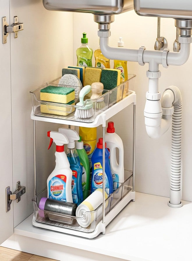 CLAPONE Bathroom Organizer Clear Under Sink Organizers Vanity Countertop Storage Container Cabinet Drawers Pull-Out Organization with Track for Pantry Kitchen (2 Tier With Compartment) - Image 1