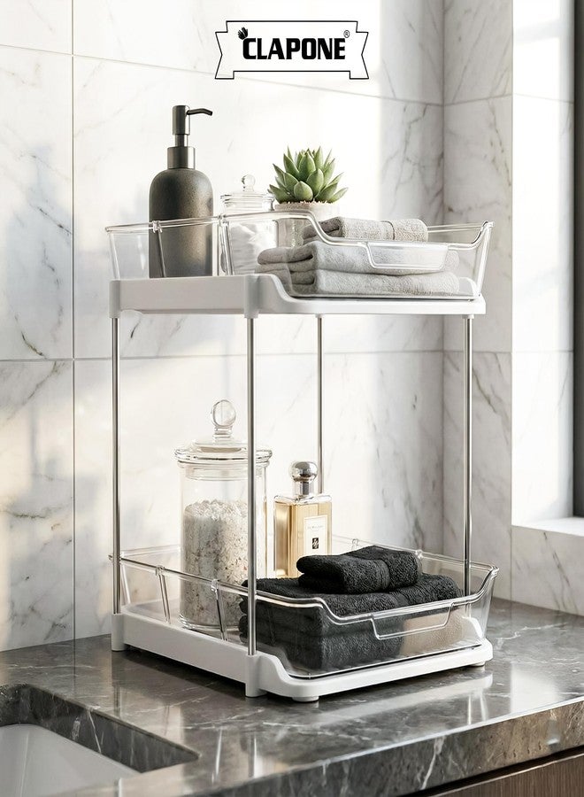 CLAPONE Bathroom Organizer Clear Under Sink Organizers Vanity Countertop Storage Container Cabinet Drawers Pull-Out Organization with Track for Pantry Kitchen (2 Tier With Compartment) - Image 5