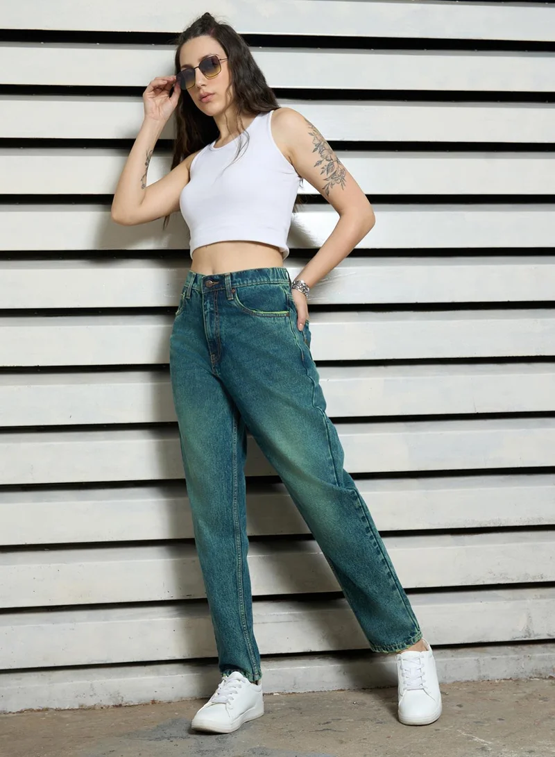 HIGH STAR Women's Indigo 100% Cotton Bleached Full Length Slim Fit Jeans