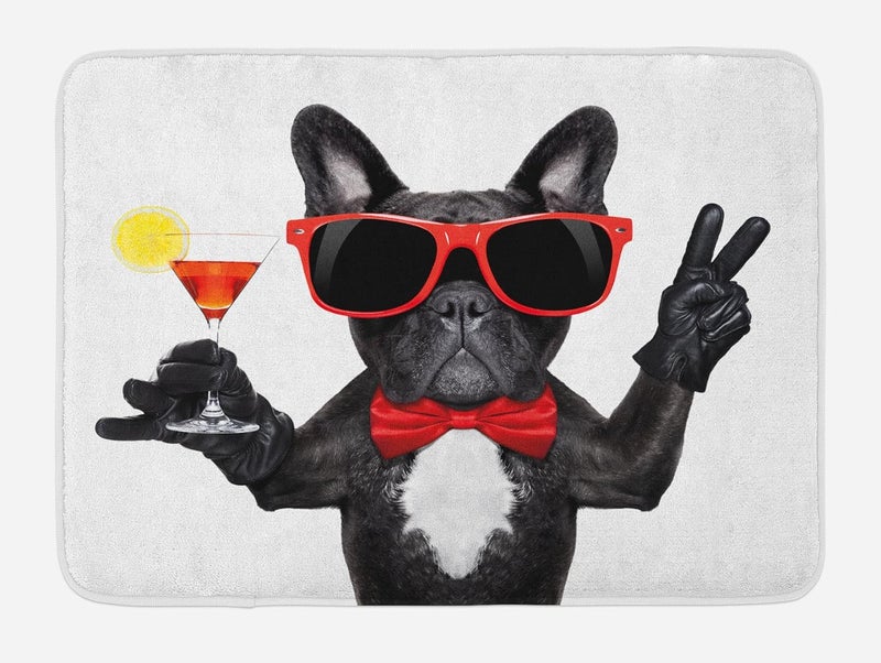Lunarable Funny Bath Mat, French Bulldog Holding Martini Cocktail Ready for The Party Nightlife Joy Print, Plush Bathroom Decor Mat with Non Slip Backing, 30.2" x 20", Black Red White - Image 1