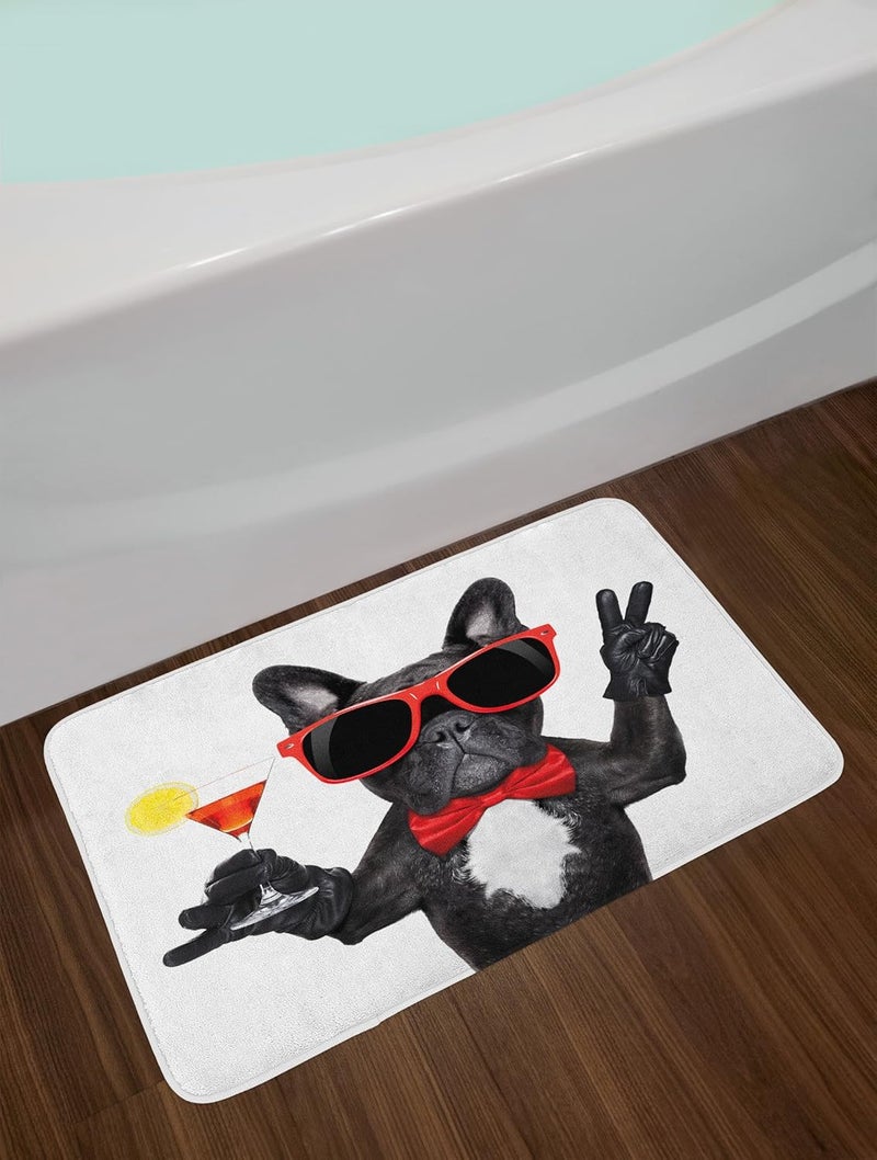 Lunarable Funny Bath Mat, French Bulldog Holding Martini Cocktail Ready for The Party Nightlife Joy Print, Plush Bathroom Decor Mat with Non Slip Backing, 30.2" x 20", Black Red White - Image 2