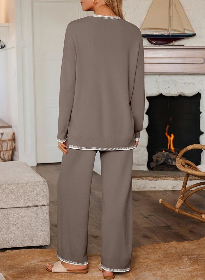 LILLUSORY 2 Piece Knit Lounge Sets Womens Matching Sweater Sets, Mocha, L - Image 4