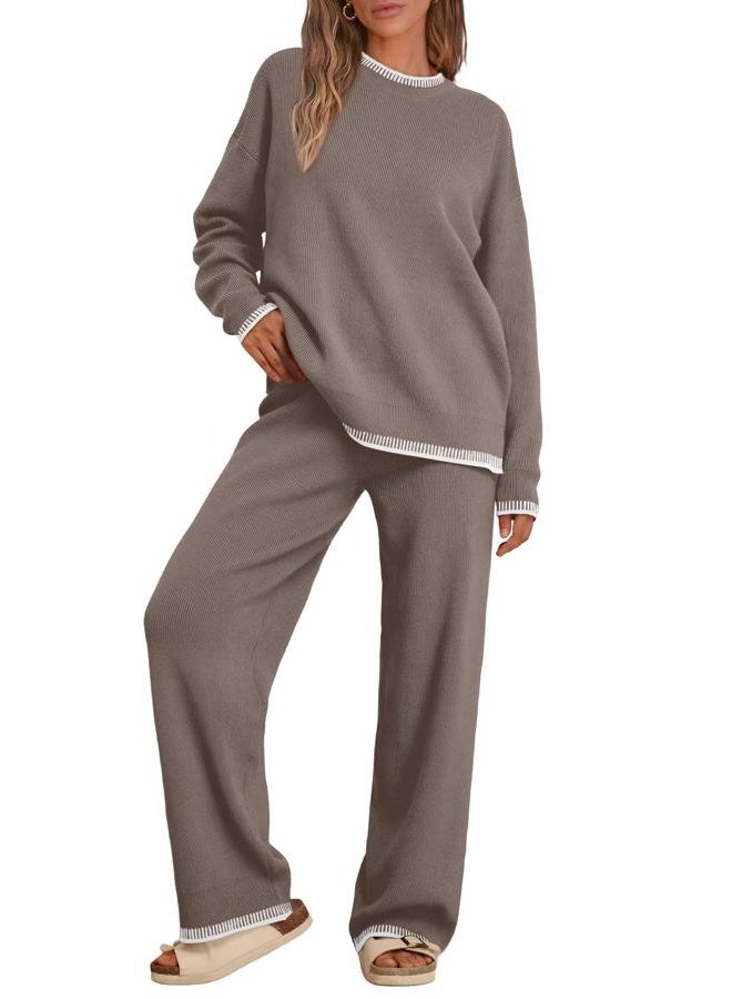 LILLUSORY 2 Piece Knit Lounge Sets Womens Matching Sweater Sets, Mocha, L - Image 1