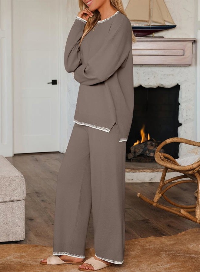 LILLUSORY 2 Piece Knit Lounge Sets Womens Matching Sweater Sets, Mocha, L - Image 3