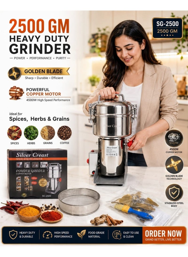 Silver Crest 2500GM Stainless Steel Spice Grinder 4500W High Speed Electric Powder Grinding Machine Grind spices, herbs, coffee beans, cereals, and dry grains effortlessly with this heavy-duty stainless steel grinder. Equipped with a premium copper motor and sharp golden blade, it delivers fine, consistent powder with long-lasting durability and reliable performance. - Image 5