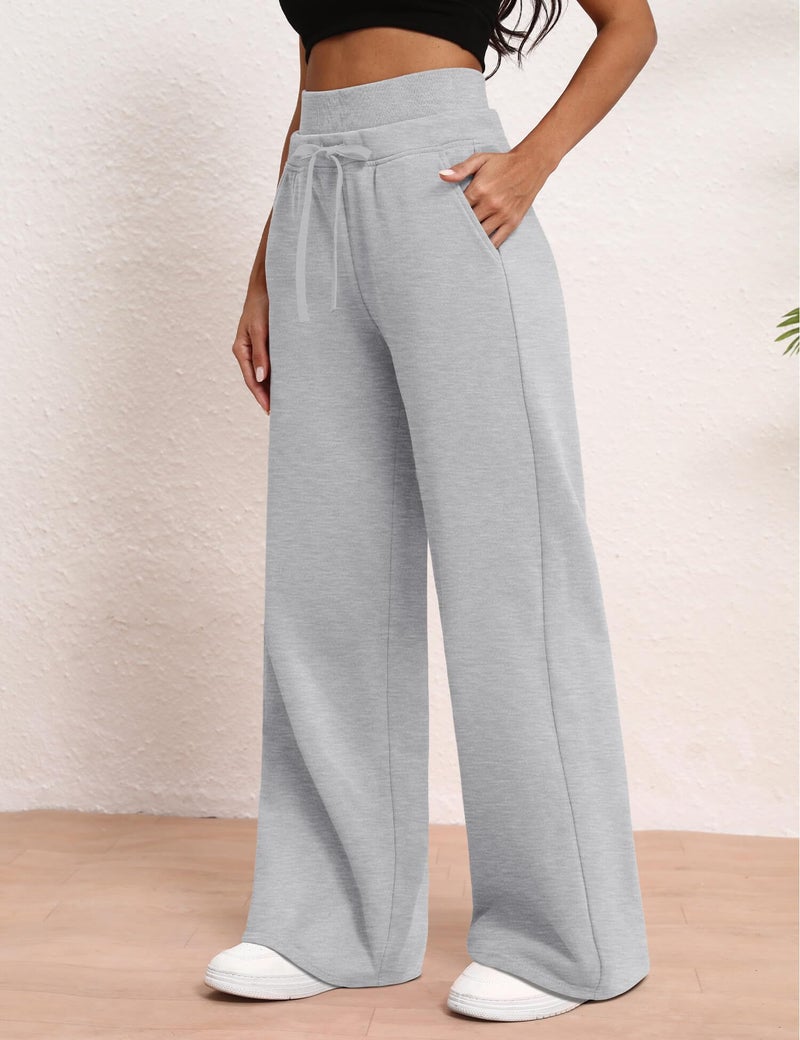 HeSaYep Women's Wide Leg Sweatpants High Waisted Baggy Sweat Pants Drawstring Straight Leg Casual Trousers with Pockets, Grey S - Image 3